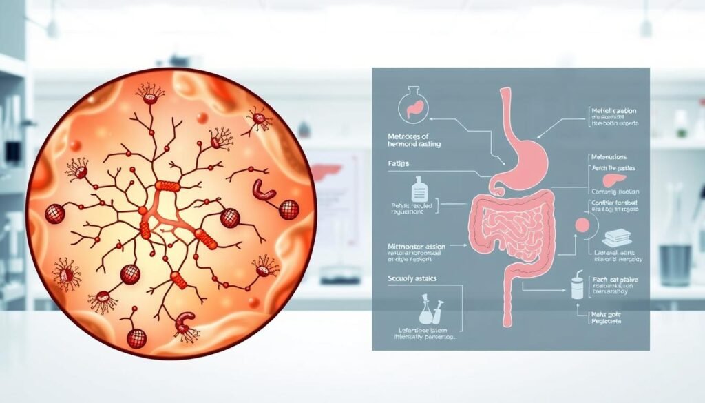 A detailed scientific diagram showcasing the complex biological mechanisms behind intermittent fasting. In the foreground, a microscopic view of cellular processes, including metabolic pathways, hormone regulation, and mitochondrial activity. In the middle ground, stylized anatomical illustrations of the digestive system, highlighting the roles of the gut, liver, and pancreas. In the background, a clean, minimalist laboratory setting with scientific equipment and glassware, creating a sense of clinical precision. The lighting is soft and diffused, emphasizing the technical and analytical nature of the subject matter. The overall tone is one of scientific rigor and evidence-based understanding, reflecting the depth of knowledge behind the practice of intermittent fasting.