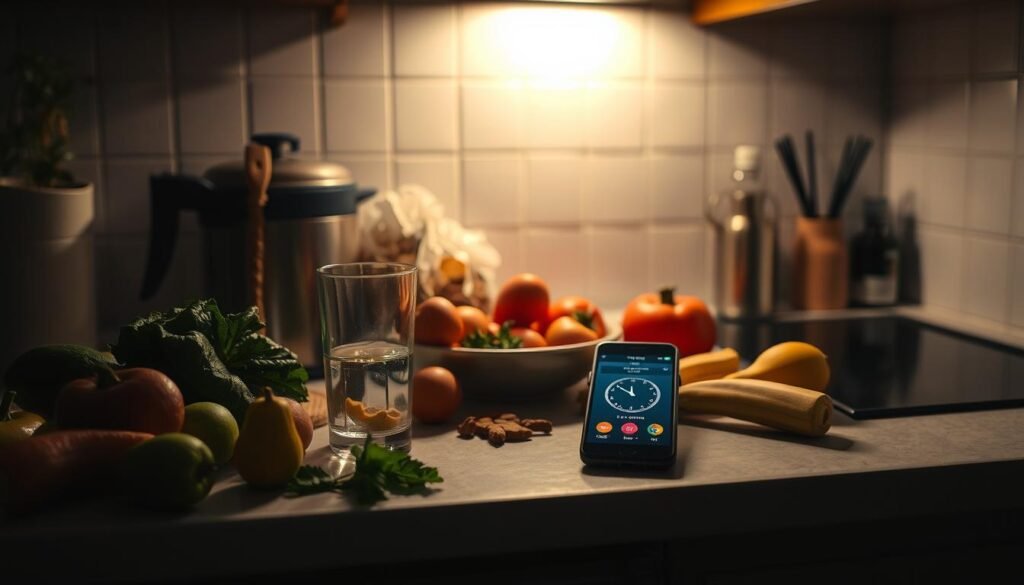 A dimly lit, cozy kitchen counter with various health-conscious ingredients spread out, such as fresh produce, a glass of water, and a smartphone displaying a fasting timer app. The scene conveys a sense of focus and discipline as the person partakes in the practice of intermittent fasting, determined to avoid common mistakes and improve their overall well-being. The lighting casts a warm, contemplative glow, and the composition emphasizes the simplicity and intentionality of the moment. The image should capture the essence of the "Erros Comuns no Jejum Intermitente" section, inspiring the viewer to approach their fasting journey with mindfulness and care. A dimly lit, cozy kitchen counter with various health-conscious ingredients spread out, such as fresh produce, a glass of water, and a smartphone displaying a fasting timer app. The scene conveys a sense of focus and discipline as the person partakes in the practice of intermittent fasting, determined to avoid common mistakes and improve their overall well-being. The lighting casts a warm, contemplative glow, and the composition emphasizes the simplicity and intentionality of the moment. The image should capture the essence of the "Erros Comuns no Jejum Intermitente" section, inspiring the viewer to approach their fasting journey with mindfulness and care.