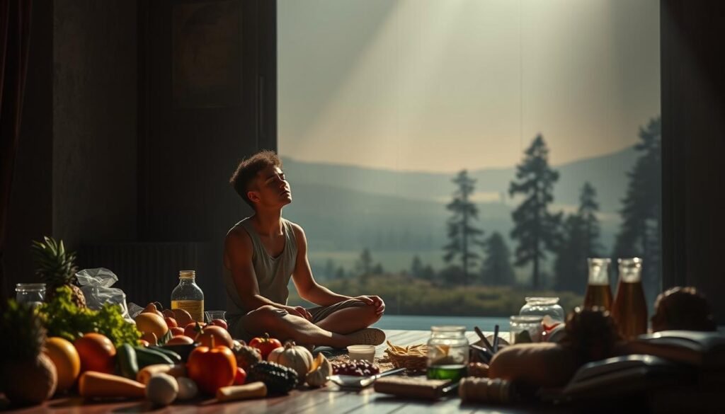 A dimly lit room, the air heavy with anticipation. In the foreground, a person sits cross-legged, eyes closed, their face etched with a mix of determination and discomfort. Surrounding them, the faint outline of various fruits, vegetables, and healthy snacks, symbolizing the temptations and challenges of intermittent fasting. In the background, a hazy, dreamlike landscape, with the silhouettes of towering trees and a distant horizon, conveying the sense of a mental and spiritual journey. The lighting is soft, casting warm shadows across the scene, creating an atmosphere of introspection and personal growth. The overall composition evokes the struggles and transformative potential of the intermittent fasting experience. A dimly lit room, the air heavy with anticipation. In the foreground, a person sits cross-legged, eyes closed, their face etched with a mix of determination and discomfort. Surrounding them, the faint outline of various fruits, vegetables, and healthy snacks, symbolizing the temptations and challenges of intermittent fasting. In the background, a hazy, dreamlike landscape, with the silhouettes of towering trees and a distant horizon, conveying the sense of a mental and spiritual journey. The lighting is soft, casting warm shadows across the scene, creating an atmosphere of introspection and personal growth. The overall composition evokes the struggles and transformative potential of the intermittent fasting experience.