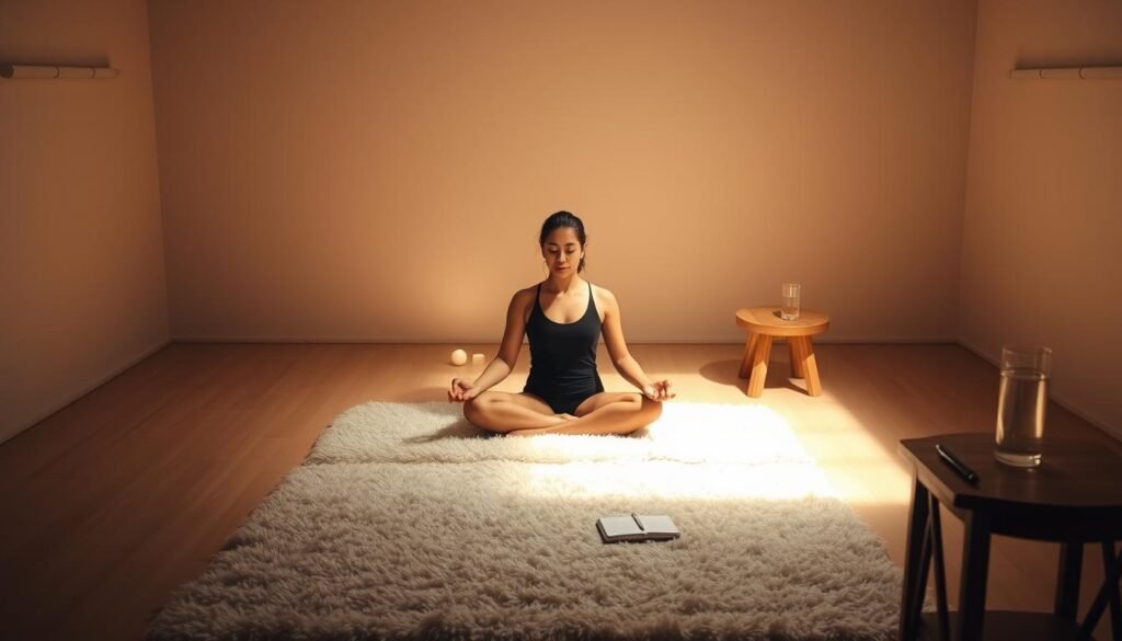 A dimly lit room with a serene, minimalist atmosphere. In the center, a person sitting cross-legged on a plush rug, deep in meditation, their face calm and focused. Soft, warm lighting casts gentle shadows, creating a contemplative mood. In the background, a simple wooden table with a glass of water and a notebook, symbolizing the act of intermittent fasting. The overall scene conveys a sense of introspection, self-discipline, and the pursuit of longevity through mindful practices.