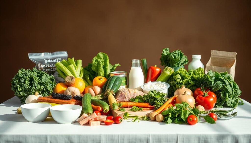 A low-carb diet table with an array of healthy, whole food ingredients prominently displayed. In the foreground, a variety of fresh vegetables, lean proteins, and dairy products are neatly arranged, highlighting the nutrient-dense nature of this dietary approach. The middle ground features a background of earthy tones, with a minimalist, elegant design that conveys a sense of balance and simplicity. The lighting is soft and natural, casting gentle shadows that add depth and texture to the scene. The overall mood is one of wellness, clarity, and a commitment to a holistic, sustainable approach to nutrition.