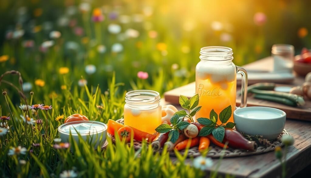 A lush, inviting meadow with vibrant green grasses and blooming wildflowers. In the foreground, an assortment of natural probiotic-rich foods are artfully arranged, including fresh yogurt, kefir, sauerkraut, kimchi, and fermented vegetables. The middle ground features a glass jar filled with a cloudy, effervescent kombucha brew, surrounded by sprigs of fresh mint. In the background, a wooden table set with natural materials, such as a woven placemat and ceramic dishes, creates a cozy, rustic ambiance. Soft, warm lighting illuminates the scene, casting a golden glow and emphasizing the natural, wholesome nature of the probiotic-rich ingredients. The overall mood is one of health, vitality, and connection to the earth.