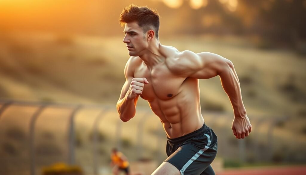 A muscular athlete in mid-stride, their athletic physique on full display under a warm, golden light. The foreground captures the dynamic motion and power of the figure, with taut muscles and determined expression. The middle ground features a blurred, natural background, hinting at an outdoor setting - perhaps a running track or sports field. The overall scene conveys a sense of focused effort and peak physical performance, embodying the impact of a low-carb diet on athletic prowess.