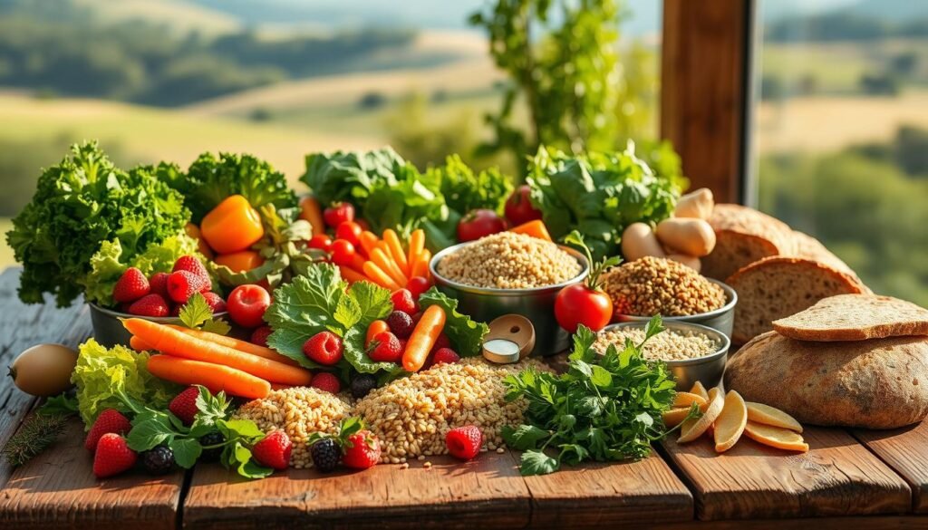 A nutritious feast unfolds on a rustic wooden table, illuminated by warm natural light. In the foreground, a variety of fresh, vibrant fruits and vegetables - crisp salad greens, juicy berries, crunchy carrots, and leafy herbs - are artfully arranged. In the middle ground, an array of whole grains, such as quinoa, brown rice, and whole-wheat bread, suggest nourishing options. The background features a soothing, blurred landscape, hinting at the tranquil setting where these specific nutritional strategies could be implemented. The overall scene conveys a sense of balance, vitality, and the purposeful selection of foods to support well-being. A nutritious feast unfolds on a rustic wooden table, illuminated by warm natural light. In the foreground, a variety of fresh, vibrant fruits and vegetables - crisp salad greens, juicy berries, crunchy carrots, and leafy herbs - are artfully arranged. In the middle ground, an array of whole grains, such as quinoa, brown rice, and whole-wheat bread, suggest nourishing options. The background features a soothing, blurred landscape, hinting at the tranquil setting where these specific nutritional strategies could be implemented. The overall scene conveys a sense of balance, vitality, and the purposeful selection of foods to support well-being.