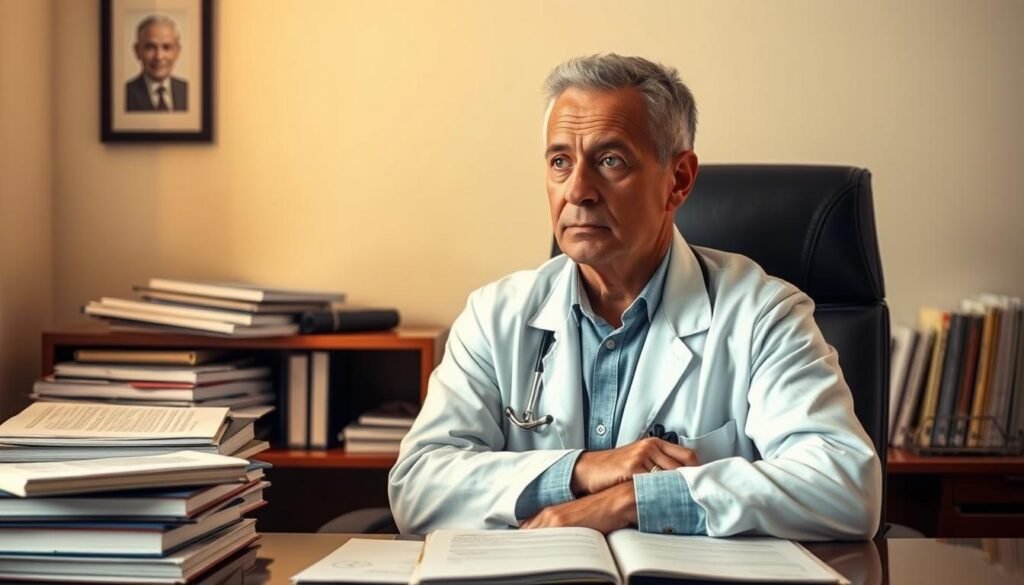A portrait of Dr. Jô Furlan, a renowned Brazilian physician and advocate of intermittent fasting. He is seated at his desk, surrounded by medical books and papers, a thoughtful expression on his face as he contemplates the benefits of this dietary approach. The lighting is warm and slightly directional, casting subtle shadows that accentuate his features. The composition is balanced, with the doctor positioned slightly off-center, allowing for negative space to draw the viewer's attention. The overall mood is one of intellectual engagement and medical authority, reflecting Dr. Furlan's expertise and passion for his work. A portrait of Dr. Jô Furlan, a renowned Brazilian physician and advocate of intermittent fasting. He is seated at his desk, surrounded by medical books and papers, a thoughtful expression on his face as he contemplates the benefits of this dietary approach. The lighting is warm and slightly directional, casting subtle shadows that accentuate his features. The composition is balanced, with the doctor positioned slightly off-center, allowing for negative space to draw the viewer's attention. The overall mood is one of intellectual engagement and medical authority, reflecting Dr. Furlan's expertise and passion for his work.