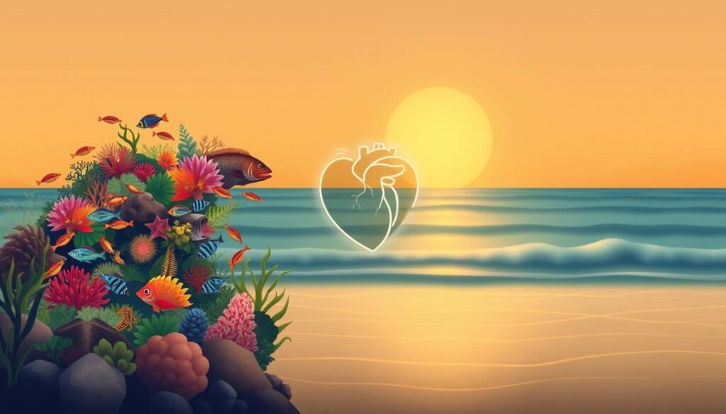 A serene and inviting illustration showcasing the cardiovascular benefits of omega-3 fatty acids. In the foreground, a heart-shaped arrangement of vibrant marine life, including schools of fish, coral reefs, and lush seaweed, symbolizing the nourishing properties of omega-3. The middle ground features a softly glowing, holistic heart symbol, surrounded by delicate line work depicting the cardiovascular system. In the background, a tranquil, ocean-inspired landscape with gentle waves and a warm, golden-hued sky, conveying a sense of balance, wellness, and vitality. Subtle, soothing lighting accentuates the organic forms and natural tones, creating an inviting, peaceful atmosphere that visually communicates the restorative power of omega-3 for cardiovascular health.