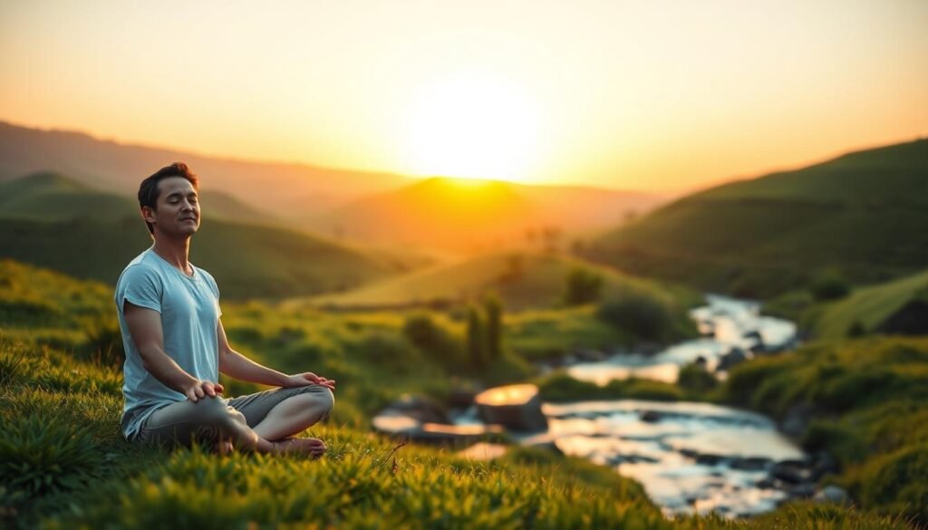 A serene and tranquil scene depicting the benefits of intermittent fasting. In the foreground, a person sitting cross-legged in a peaceful, meditative pose, their face expressing a sense of calm and rejuvenation. The middle ground showcases a lush, verdant landscape with rolling hills and a clear, flowing stream, symbolizing the detoxification and renewal associated with fasting. The background features a warm, golden sunrise, casting a soft, ethereal glow and evoking a sense of hope and new beginnings. The overall composition conveys a harmonious balance between the physical, mental, and spiritual aspects of intermittent fasting. A serene and tranquil scene depicting the benefits of intermittent fasting. In the foreground, a person sitting cross-legged in a peaceful, meditative pose, their face expressing a sense of calm and rejuvenation. The middle ground showcases a lush, verdant landscape with rolling hills and a clear, flowing stream, symbolizing the detoxification and renewal associated with fasting. The background features a warm, golden sunrise, casting a soft, ethereal glow and evoking a sense of hope and new beginnings. The overall composition conveys a harmonious balance between the physical, mental, and spiritual aspects of intermittent fasting.