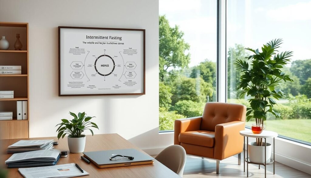 A serene, minimalist medical office with a large window overlooking lush greenery. In the foreground, a desk with medical journals, a laptop, and a potted plant. On the wall, a framed diagram outlining the principles of intermittent fasting and its relationship to nutritional science. The middle ground features a leather armchair and a side table with a cup of herbal tea. The background depicts a tranquil outdoor scene with a verdant garden and a clear blue sky, creating a calming, contemplative atmosphere. The lighting is soft and natural, complementing the professional yet holistic ambiance.