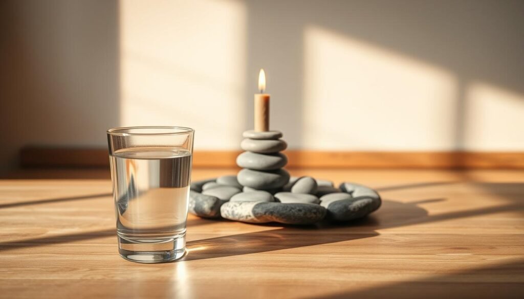 A serene, minimalist scene depicting the concept of intermittent fasting. In the foreground, a simple glass of water sits on a wooden table, casting soft shadows. The middle ground features a zen-inspired rock garden, with carefully arranged pebbles and a solitary sand-colored candle, its flame flickering gently. The background showcases a muted, neutral-toned wall, creating a calming, introspective atmosphere. The overall composition emphasizes simplicity, balance, and the idea of intentional pauses in one's daily routine. Warm, natural lighting illuminates the scene, conveying a sense of tranquility and focus. A serene, minimalist scene depicting the concept of intermittent fasting. In the foreground, a simple glass of water sits on a wooden table, casting soft shadows. The middle ground features a zen-inspired rock garden, with carefully arranged pebbles and a solitary sand-colored candle, its flame flickering gently. The background showcases a muted, neutral-toned wall, creating a calming, introspective atmosphere. The overall composition emphasizes simplicity, balance, and the idea of intentional pauses in one's daily routine. Warm, natural lighting illuminates the scene, conveying a sense of tranquility and focus.