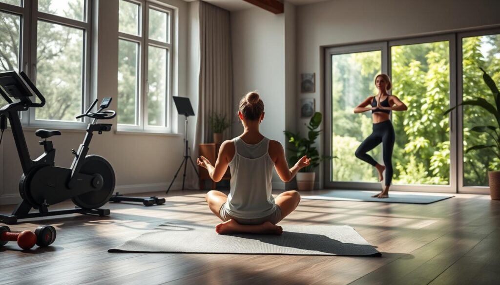 A serene, well-equipped home gym with modern exercise equipment like a stationary bike, yoga mat, and free weights. In the foreground, a person sits cross-legged, deep in meditation, representing the intermittent fasting practice. Filtered natural light streams through large windows, creating a calming, introspective atmosphere. The middle ground shows the person transitioning to a standing yoga pose, blending the disciplines of fasting and physical fitness. The background features lush, verdant foliage outside, suggesting a harmonious integration of mind, body, and nature.