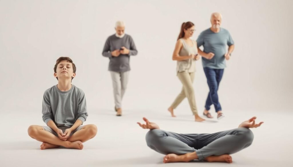 A serene, well-lit studio setting featuring individuals of different age groups engaged in intermittent fasting. In the foreground, a young adult sits cross-legged, eyes closed, embodying a meditative pose. In the middle ground, an elderly person carefully monitors their calorie intake, while a middle-aged individual walks at a brisk pace, demonstrating the physical benefits of this practice. The background features a clean, minimalist backdrop, allowing the subjects to take center stage. The lighting is soft and diffused, creating a calming atmosphere that emphasizes the holistic nature of intermittent fasting across the lifespan. A serene, well-lit studio setting featuring individuals of different age groups engaged in intermittent fasting. In the foreground, a young adult sits cross-legged, eyes closed, embodying a meditative pose. In the middle ground, an elderly person carefully monitors their calorie intake, while a middle-aged individual walks at a brisk pace, demonstrating the physical benefits of this practice. The background features a clean, minimalist backdrop, allowing the subjects to take center stage. The lighting is soft and diffused, creating a calming atmosphere that emphasizes the holistic nature of intermittent fasting across the lifespan.