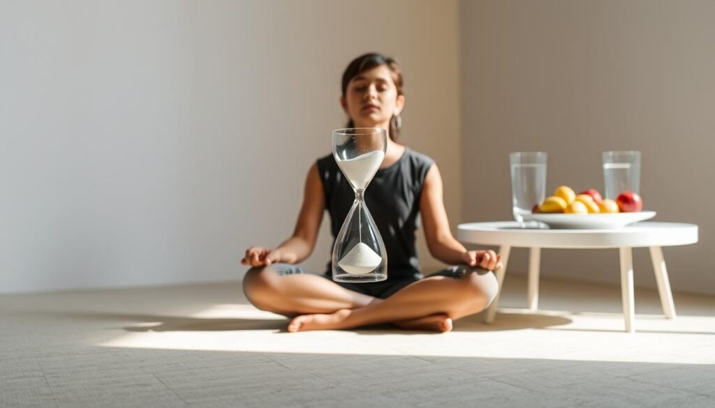 A serene yet focused scene depicting the concept of intermittent fasting. In the foreground, a person sits cross-legged, eyes closed, radiating a sense of calm and mindfulness. The middle ground showcases an hourglass, its sand steadily flowing, symbolizing the passage of time and the structured nature of intermittent fasting. In the background, a simple yet elegant table with a glass of water and a plate of fresh fruits, reinforcing the idea of a balanced, nourishing approach to this lifestyle. The lighting is soft and natural, creating a contemplative atmosphere. The composition and angles suggest a sense of balance, harmony, and introspection, capturing the essence of "Jejum Intermitente" as a means of regulating hormones and managing energy levels. A serene yet focused scene depicting the concept of intermittent fasting. In the foreground, a person sits cross-legged, eyes closed, radiating a sense of calm and mindfulness. The middle ground showcases an hourglass, its sand steadily flowing, symbolizing the passage of time and the structured nature of intermittent fasting. In the background, a simple yet elegant table with a glass of water and a plate of fresh fruits, reinforcing the idea of a balanced, nourishing approach to this lifestyle. The lighting is soft and natural, creating a contemplative atmosphere. The composition and angles suggest a sense of balance, harmony, and introspection, capturing the essence of "Jejum Intermitente" as a means of regulating hormones and managing energy levels.