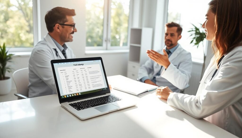 A spacious medical office, sun-dappled through large windows. On a clean, modern desk, an open laptop displays a patient's detailed test results - food allergy diagnoses neatly organized. The doctor, wearing a crisp white coat, gestures compassionately as they explain the findings to a concerned-looking patient, seated across the desk. The room's atmosphere is one of reassurance and professionalism, conveying the importance of early, accurate diagnosis for food intolerances. A spacious medical office, sun-dappled through large windows. On a clean, modern desk, an open laptop displays a patient's detailed test results - food allergy diagnoses neatly organized. The doctor, wearing a crisp white coat, gestures compassionately as they explain the findings to a concerned-looking patient, seated across the desk. The room's atmosphere is one of reassurance and professionalism, conveying the importance of early, accurate diagnosis for food intolerances.