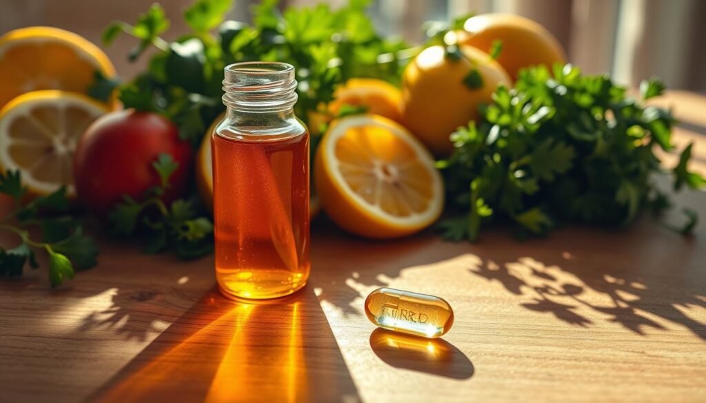 A sun-drenched, still-life scene depicting a daily vitamin D recommendation. In the foreground, a glass bottle filled with amber-colored liquid and a softly glowing capsule cast long shadows on a wooden surface. Behind it, an array of fresh, vibrant herbs and fruits, such as lemon slices and sprigs of parsley, create a lush, natural composition. The lighting is warm and diffused, creating a cozy, inviting atmosphere. The camera angle is slightly elevated, providing a balanced, symmetrical view of the arrangement. The overall mood is one of health, wellness, and the simple pleasures of natural, nourishing ingredients.