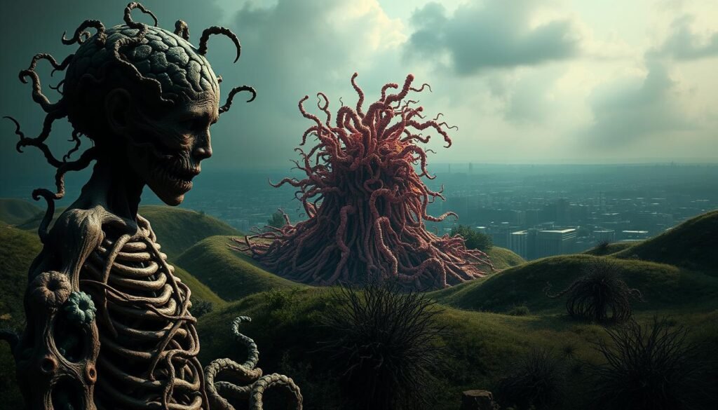 A surreal, abstract landscape depicting the disruptive effects of gut dysbiosis on mental and behavioral health. In the foreground, a twisted, gnarled figure symbolizing the distorted mental state, with a kaleidoscope of colors and unsettling textures. The middle ground features a chaotic, swirling vortex of microbial forms, disrupting the natural balance. In the distant background, a hazy, dystopian cityscape, representing the wider societal impacts. Dramatic chiaroscuro lighting casts an ominous, unsettling atmosphere, as if the scene is unfolding in a troubled dream. The composition conveys a sense of mental and emotional turmoil, highlighting the intricate connections between the gut microbiome and human behavior. A surreal, abstract landscape depicting the disruptive effects of gut dysbiosis on mental and behavioral health. In the foreground, a twisted, gnarled figure symbolizing the distorted mental state, with a kaleidoscope of colors and unsettling textures. The middle ground features a chaotic, swirling vortex of microbial forms, disrupting the natural balance. In the distant background, a hazy, dystopian cityscape, representing the wider societal impacts. Dramatic chiaroscuro lighting casts an ominous, unsettling atmosphere, as if the scene is unfolding in a troubled dream. The composition conveys a sense of mental and emotional turmoil, highlighting the intricate connections between the gut microbiome and human behavior.