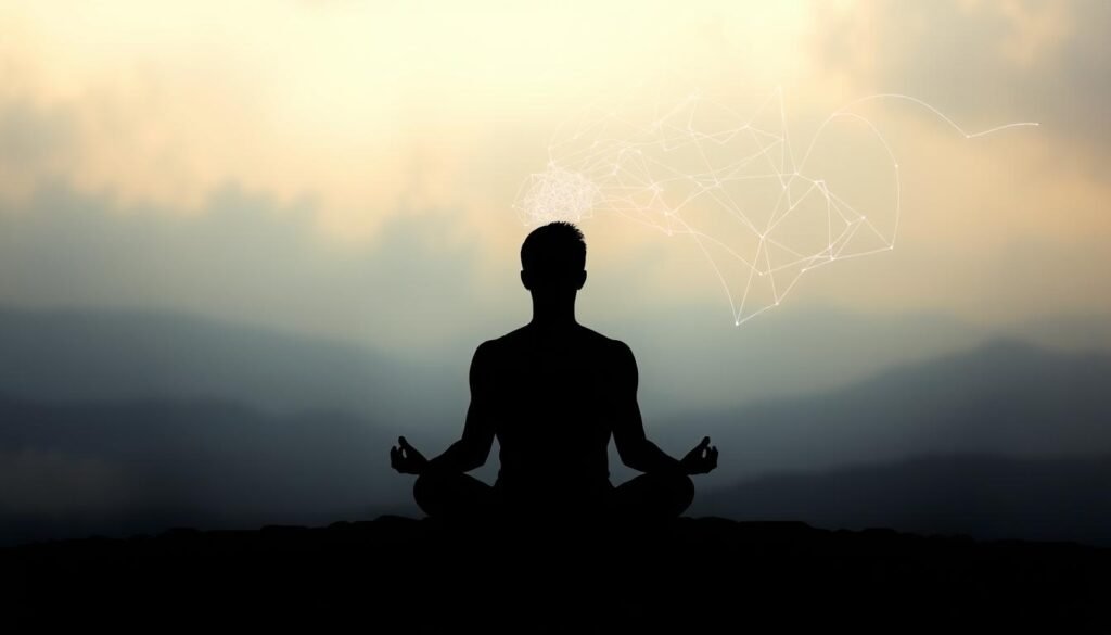 A surreal and introspective scene depicting the psychological effects of intermittent fasting. In the foreground, a figure sits in a meditative pose, their face cast in deep shadow, conveying a sense of introspection and contemplation. The middle ground features a hazy, dreamlike landscape with muted colors, suggesting a state of altered consciousness. In the background, wispy tendrils of light and energy emanate from the figure, symbolizing the neurological and cognitive changes associated with intermittent fasting. The lighting is soft and moody, creating an atmosphere of tranquility and self-reflection. The overall composition evokes the profound psychological and spiritual impact of this practice. A surreal and introspective scene depicting the psychological effects of intermittent fasting. In the foreground, a figure sits in a meditative pose, their face cast in deep shadow, conveying a sense of introspection and contemplation. The middle ground features a hazy, dreamlike landscape with muted colors, suggesting a state of altered consciousness. In the background, wispy tendrils of light and energy emanate from the figure, symbolizing the neurological and cognitive changes associated with intermittent fasting. The lighting is soft and moody, creating an atmosphere of tranquility and self-reflection. The overall composition evokes the profound psychological and spiritual impact of this practice.