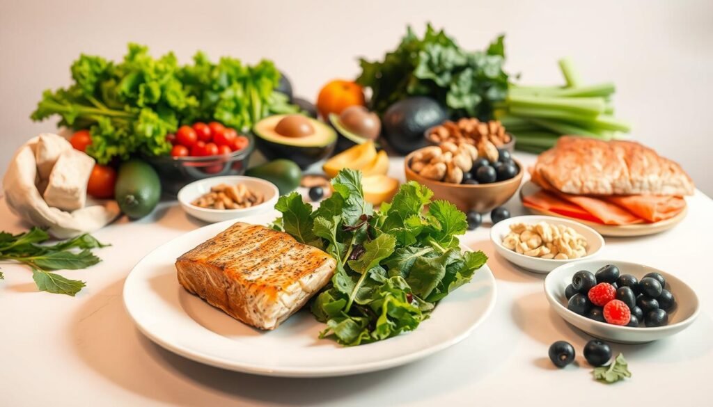 A table filled with a variety of low-carb foods, including fresh vegetables, lean proteins, healthy fats, and low-sugar fruits. The table is illuminated by soft, warm lighting, casting a cozy, inviting atmosphere. In the foreground, a plate with a portion of a low-carb dish, such as a grilled salmon fillet and a leafy green salad, is prominently displayed. In the middle ground, various low-carb ingredients, such as avocados, nuts, and berries, are arranged in a visually appealing manner. The background features a neutral, natural-toned setting, with clean lines and minimal distractions, allowing the focus to remain on the low-carb food items. A table filled with a variety of low-carb foods, including fresh vegetables, lean proteins, healthy fats, and low-sugar fruits. The table is illuminated by soft, warm lighting, casting a cozy, inviting atmosphere. In the foreground, a plate with a portion of a low-carb dish, such as a grilled salmon fillet and a leafy green salad, is prominently displayed. In the middle ground, various low-carb ingredients, such as avocados, nuts, and berries, are arranged in a visually appealing manner. The background features a neutral, natural-toned setting, with clean lines and minimal distractions, allowing the focus to remain on the low-carb food items.