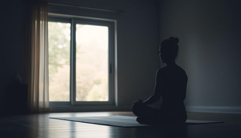 A tranquil, dimly lit room with a person sitting cross-legged on the floor, practicing intermittent fasting. The figure is silhouetted against a large window overlooking a peaceful garden, with soft, diffused natural light filtering in. The overall atmosphere conveys a sense of introspection, calmness, and a connection to the natural world. The room is sparsely furnished, with simple, minimalist decor that reinforces the theme of simplicity and discipline associated with intermittent fasting. A tranquil, dimly lit room with a person sitting cross-legged on the floor, practicing intermittent fasting. The figure is silhouetted against a large window overlooking a peaceful garden, with soft, diffused natural light filtering in. The overall atmosphere conveys a sense of introspection, calmness, and a connection to the natural world. The room is sparsely furnished, with simple, minimalist decor that reinforces the theme of simplicity and discipline associated with intermittent fasting.