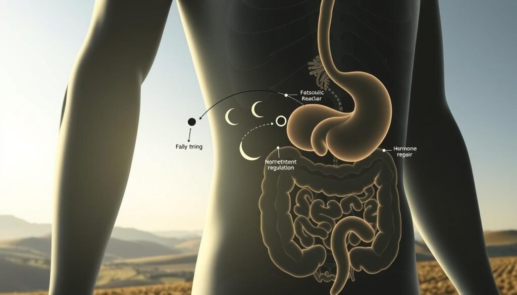 A tranquil scene of the human body's inner workings during intermittent fasting. In the foreground, a stylized illustration depicts the digestive system, with various organs and processes highlighted to showcase the metabolic benefits - fat burning, cellular repair, hormone regulation. The middle ground features a minimalist representation of the daily cycle, with the fasting and feeding periods denoted by crescent moons and suns. In the background, a serene landscape of rolling hills and a calming sky, conveying the overall sense of balance, renewal, and wellbeing associated with this lifestyle. The lighting is soft and natural, with a muted color palette that evokes a sense of introspection and personal transformation. The composition is clean and elegant, guiding the viewer's attention to the core concepts of the intermittent fasting practice.