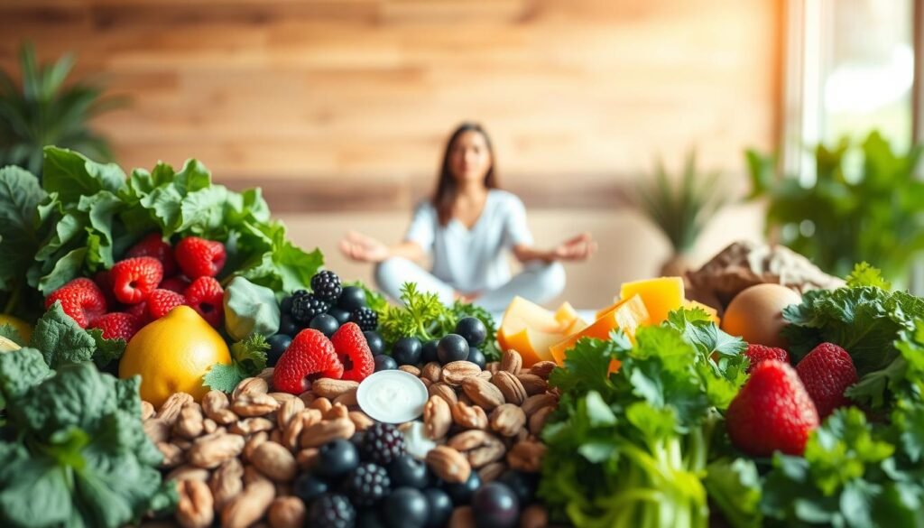 A vibrant and harmonious scene depicting the connection between behavioral nutrition and low-carb diets. In the foreground, an array of fresh, whole foods - leafy greens, berries, nuts, and healthy fats - arranged in a visually appealing manner. In the middle ground, a person engaged in mindful meditation, symbolizing the importance of mental well-being in nutrition. The background features a serene, nature-inspired setting, with soft, natural lighting casting a warm, calming glow over the entire composition. The overall mood is one of balance, clarity, and the synergistic relationship between mind, body, and diet.