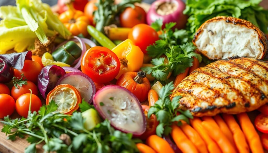 A vibrant, appetizing low-carb spread featuring an assortment of fresh, colorful vegetables, aromatic herbs, and high-protein ingredients like grilled chicken or fish. The composition is arranged in a harmonious, visually appealing way, with the main elements occupying the foreground and secondary details in the middle and background. Warm, natural lighting casts a soft, inviting glow, and the image has a crisp, high-resolution quality as if captured by a professional food photographer using a high-end DSLR camera with a macro lens. The overall mood is one of health, balance, and culinary delight, reflecting the principles of the low-carb diet.