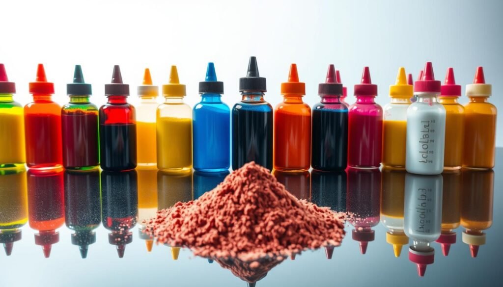 A vibrant collection of food coloring bottles and powders, meticulously arranged on a sleek glass surface. The foreground showcases an array of hues ranging from deep reds and vivid blues to subtle yellows, each bottle reflecting the light in a captivating way. In the middle ground, the powdery textures of the food coloring pigments are clearly visible, hinting at their potent nature. The background is a soft, diffused light, creating a sense of depth and focus on the central subject. The overall composition conveys a sense of scientific curiosity and the visual impact of these commonly used, yet powerful, food additives. A vibrant collection of food coloring bottles and powders, meticulously arranged on a sleek glass surface. The foreground showcases an array of hues ranging from deep reds and vivid blues to subtle yellows, each bottle reflecting the light in a captivating way. In the middle ground, the powdery textures of the food coloring pigments are clearly visible, hinting at their potent nature. The background is a soft, diffused light, creating a sense of depth and focus on the central subject. The overall composition conveys a sense of scientific curiosity and the visual impact of these commonly used, yet powerful, food additives.