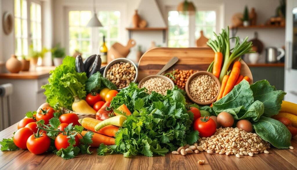 A vibrant, colorful scene of a bountiful, healthy meal. In the foreground, a wooden table is set with a variety of fresh, vibrant vegetables - leafy greens, juicy tomatoes, crisp carrots, and more. In the middle ground, a wooden cutting board displays an assortment of whole grains, legumes, and nuts. The background features a sun-dappled kitchen, with natural light streaming in through large windows, creating a warm, inviting atmosphere. The scene conveys a sense of balance, nourishment, and the importance of a diverse, plant-based diet. Lit with soft, natural lighting and captured with a wide-angle lens to emphasize the abundance and harmony of the healthy meal. A vibrant, colorful scene of a bountiful, healthy meal. In the foreground, a wooden table is set with a variety of fresh, vibrant vegetables - leafy greens, juicy tomatoes, crisp carrots, and more. In the middle ground, a wooden cutting board displays an assortment of whole grains, legumes, and nuts. The background features a sun-dappled kitchen, with natural light streaming in through large windows, creating a warm, inviting atmosphere. The scene conveys a sense of balance, nourishment, and the importance of a diverse, plant-based diet. Lit with soft, natural lighting and captured with a wide-angle lens to emphasize the abundance and harmony of the healthy meal.