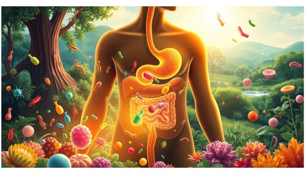 A vibrant, detailed illustration depicting the benefits of probiotics for digestive health. In the foreground, a healthy, glowing human gut surrounded by diverse probiotic cultures, represented as colorful, stylized microorganisms. In the middle ground, various digestive organs - stomach, small intestine, colon - functioning harmoniously. The background features a serene, nature-inspired landscape, with lush greenery and soothing natural elements symbolizing balance and well-being. The lighting is soft and warm, creating a calming, inviting atmosphere. The overall composition conveys the holistic, restorative impact of probiotics on the digestive system.