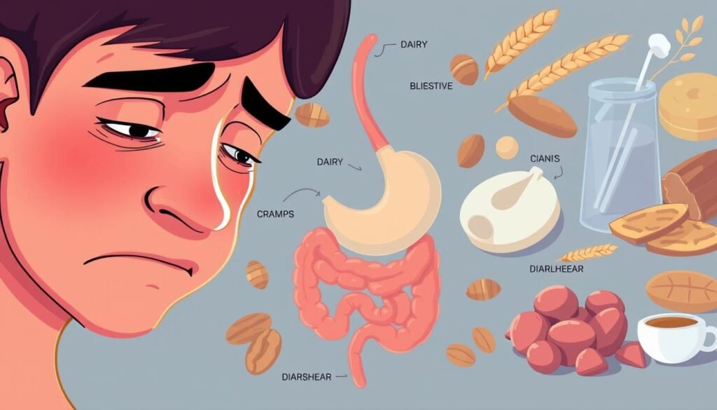 A vibrant digital illustration showcasing common symptoms of food intolerance. In the foreground, a person's face displays distressed expressions, with flushed skin, swollen eyes, and a pained expression. In the middle ground, a selection of digestive issues are depicted - bloating, cramps, and diarrhea. The background features a variety of trigger foods, such as dairy products, wheat, and nuts, rendered in a stylized, semi-abstract manner. The lighting is soft and diffused, creating an atmosphere of unease and discomfort. The overall composition conveys the physical and emotional discomfort associated with food intolerance. A vibrant digital illustration showcasing common symptoms of food intolerance. In the foreground, a person's face displays distressed expressions, with flushed skin, swollen eyes, and a pained expression. In the middle ground, a selection of digestive issues are depicted - bloating, cramps, and diarrhea. The background features a variety of trigger foods, such as dairy products, wheat, and nuts, rendered in a stylized, semi-abstract manner. The lighting is soft and diffused, creating an atmosphere of unease and discomfort. The overall composition conveys the physical and emotional discomfort associated with food intolerance.