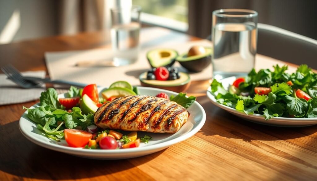 A vibrant, high-resolution image of a low-carb meal arrangement. In the foreground, a plate featuring a grilled chicken breast, a side salad with leafy greens, and a sprinkling of colorful vegetables. The middle ground showcases a few sliced avocado halves, a handful of berries, and a glass of water. In the background, a wooden table with a neutral-toned placemat, complemented by natural lighting streaming through a window, creating a warm, inviting atmosphere. The overall scene conveys a sense of balance, health, and the principles of a low-carb dietary approach.