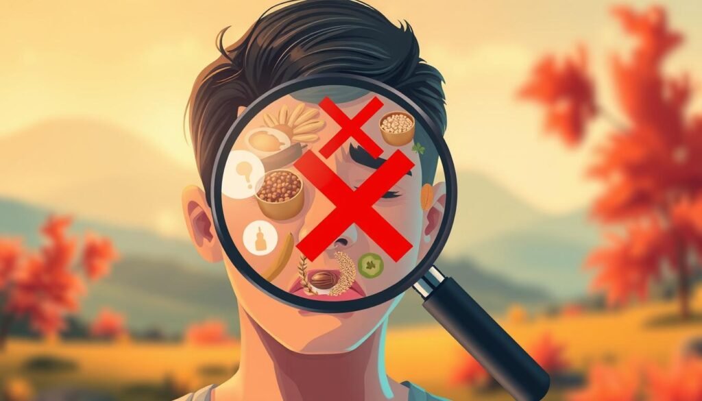 A vibrant illustration of "food intolerance". In the foreground, a person's distressed face, their expression conveying discomfort and disarray. Overlaying this, a magnifying glass highlights an array of food items - dairy, grains, nuts, and more - each with a bold red "X" mark, symbolizing the individual's sensitivities. The background is a blurred, ethereal landscape, evoking the sense of unease and disruption caused by dietary restrictions. Warm, soft lighting casts a subtle glow, while the composition maintains a balance of realism and conceptual abstraction. The overall tone is one of empathy and understanding, capturing the essence of the "what is food intolerance" concept.