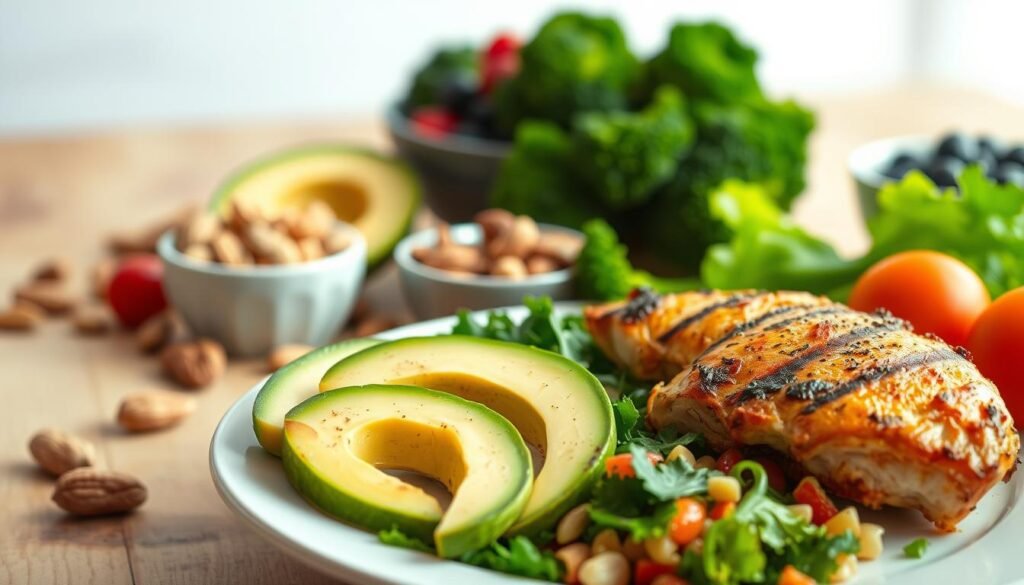 A vibrant low-carb meal with a variety of fresh, colorful ingredients. In the foreground, a plate features a hearty serving of grilled chicken, avocado slices, and a side of steamed broccoli. The middle ground showcases a selection of nuts, seeds, and a small bowl of low-carb berries. In the background, a wooden table with a minimalist, natural aesthetic sets the stage. Soft, warm lighting casts a cozy, inviting atmosphere, highlighting the nutritious and satisfying nature of this low-carb dish. A vibrant low-carb meal with a variety of fresh, colorful ingredients. In the foreground, a plate features a hearty serving of grilled chicken, avocado slices, and a side of steamed broccoli. The middle ground showcases a selection of nuts, seeds, and a small bowl of low-carb berries. In the background, a wooden table with a minimalist, natural aesthetic sets the stage. Soft, warm lighting casts a cozy, inviting atmosphere, highlighting the nutritious and satisfying nature of this low-carb dish.
