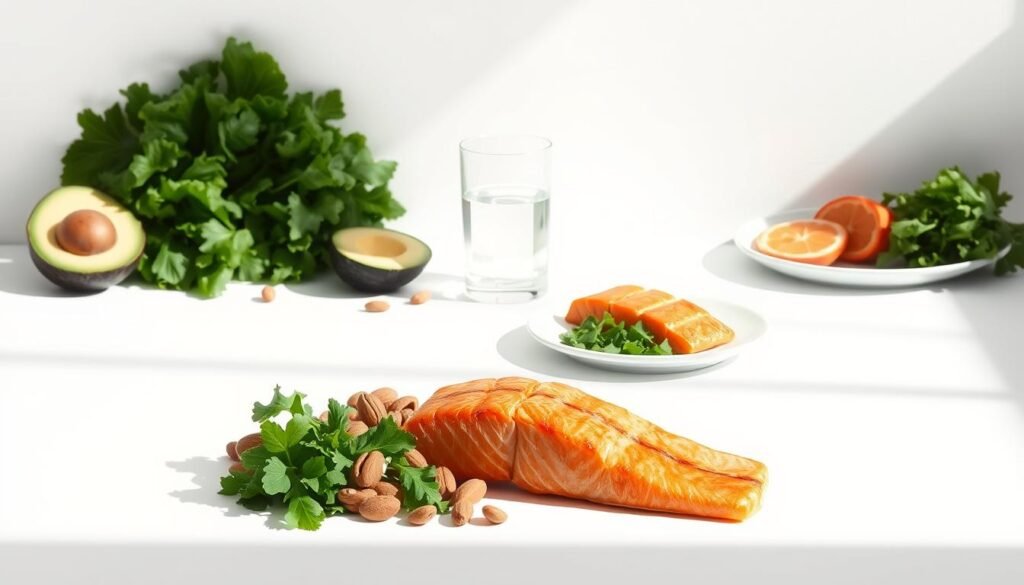 A vibrant, minimalist illustration of a low-carb diet. In the foreground, an assortment of low-carb foods such as leafy greens, avocado, nuts, and olive oil are arranged on a clean, white surface, casting soft shadows. The middle ground features a glass of water and a plate of grilled salmon, symbolizing the balance of healthy proteins and fats. In the background, a simple yet sophisticated gradient sets a serene, calming tone. The overall composition conveys the simplicity and nourishment of a low-carb lifestyle, with natural lighting and a muted color palette to create a visually appealing and informative representation of the concept. A vibrant, minimalist illustration of a low-carb diet. In the foreground, an assortment of low-carb foods such as leafy greens, avocado, nuts, and olive oil are arranged on a clean, white surface, casting soft shadows. The middle ground features a glass of water and a plate of grilled salmon, symbolizing the balance of healthy proteins and fats. In the background, a simple yet sophisticated gradient sets a serene, calming tone. The overall composition conveys the simplicity and nourishment of a low-carb lifestyle, with natural lighting and a muted color palette to create a visually appealing and informative representation of the concept.