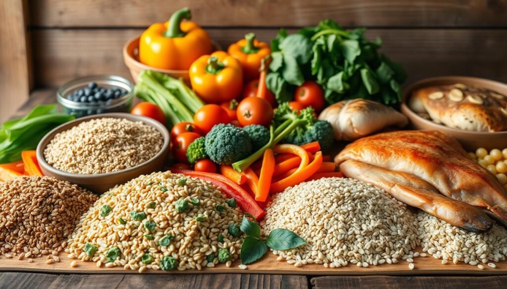 A vibrant still life composition showcasing an array of satiating foods on a rustic wooden table. In the foreground, a variety of whole grains such as quinoa, brown rice, and oats are arranged artfully. In the middle ground, an assortment of colorful vegetables including broccoli, spinach, and bell peppers takes center stage. In the background, a selection of lean proteins like chicken, fish, and legumes completes the display. Soft, natural lighting casts a warm glow over the scene, highlighting the earthy tones and textures of the ingredients. The overall composition conveys a sense of nourishment, balance, and the importance of mindful eating during a fasting regimen. A vibrant still life composition showcasing an array of satiating foods on a rustic wooden table. In the foreground, a variety of whole grains such as quinoa, brown rice, and oats are arranged artfully. In the middle ground, an assortment of colorful vegetables including broccoli, spinach, and bell peppers takes center stage. In the background, a selection of lean proteins like chicken, fish, and legumes completes the display. Soft, natural lighting casts a warm glow over the scene, highlighting the earthy tones and textures of the ingredients. The overall composition conveys a sense of nourishment, balance, and the importance of mindful eating during a fasting regimen.