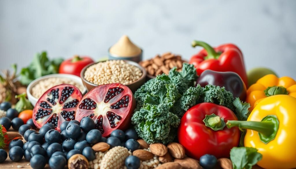 A vibrant still life depicting an assortment of natural antioxidant-rich foods. In the foreground, arrange a variety of fresh fruits and vegetables, such as blueberries, pomegranate, kale, and bell peppers, showcasing their vivid colors and textures. In the middle ground, incorporate some whole grains like quinoa and nuts like almonds, highlighting their antioxidant properties. Set the scene against a simple, softly-lit background, evoking a sense of health and wellness. Utilize natural lighting and a shallow depth of field to create a warm, inviting atmosphere that captures the essence of wholesome, antioxidant-rich ingredients. A vibrant still life depicting an assortment of natural antioxidant-rich foods. In the foreground, arrange a variety of fresh fruits and vegetables, such as blueberries, pomegranate, kale, and bell peppers, showcasing their vivid colors and textures. In the middle ground, incorporate some whole grains like quinoa and nuts like almonds, highlighting their antioxidant properties. Set the scene against a simple, softly-lit background, evoking a sense of health and wellness. Utilize natural lighting and a shallow depth of field to create a warm, inviting atmosphere that captures the essence of wholesome, antioxidant-rich ingredients.