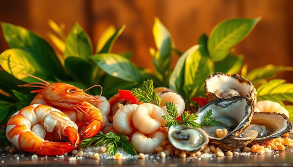 A vibrant still life showcasing an assortment of succulent seafood delights - juicy shrimp, tender scallops, and glistening oysters artfully arranged against a backdrop of lush, verdant leaves. Warm, golden lighting casts a soft glow, creating an inviting, natural atmosphere. The scene evokes the bounty of the ocean, yet hints at the potential risks for those with food allergies, the mood both celebratory and cautionary. Captured through the lens of a high-resolution camera, the image conveys the complexity and nuance of this topic with clarity and visual impact. A vibrant still life showcasing an assortment of succulent seafood delights - juicy shrimp, tender scallops, and glistening oysters artfully arranged against a backdrop of lush, verdant leaves. Warm, golden lighting casts a soft glow, creating an inviting, natural atmosphere. The scene evokes the bounty of the ocean, yet hints at the potential risks for those with food allergies, the mood both celebratory and cautionary. Captured through the lens of a high-resolution camera, the image conveys the complexity and nuance of this topic with clarity and visual impact.