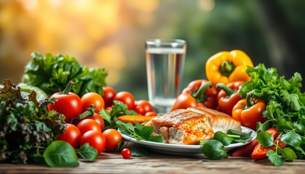 A vibrant still life showcasing the key benefits of a low-carb diet. In the foreground, a variety of fresh vegetables - crisp leafy greens, juicy tomatoes, and crunchy bell peppers - arranged in an elegant composition. In the middle ground, a plate of grilled salmon and a glass of water, symbolizing the emphasis on healthy proteins and hydration. The background features a serene, natural setting with soft, warm lighting illuminating the scene, creating a sense of balance and wellness. The overall atmosphere evokes a feeling of rejuvenation and nourishment, perfectly capturing the essence of the "Benefícios da Dieta Low Carb" section. A vibrant still life showcasing the key benefits of a low-carb diet. In the foreground, a variety of fresh vegetables - crisp leafy greens, juicy tomatoes, and crunchy bell peppers - arranged in an elegant composition. In the middle ground, a plate of grilled salmon and a glass of water, symbolizing the emphasis on healthy proteins and hydration. The background features a serene, natural setting with soft, warm lighting illuminating the scene, creating a sense of balance and wellness. The overall atmosphere evokes a feeling of rejuvenation and nourishment, perfectly capturing the essence of the "Benefícios da Dieta Low Carb" section.