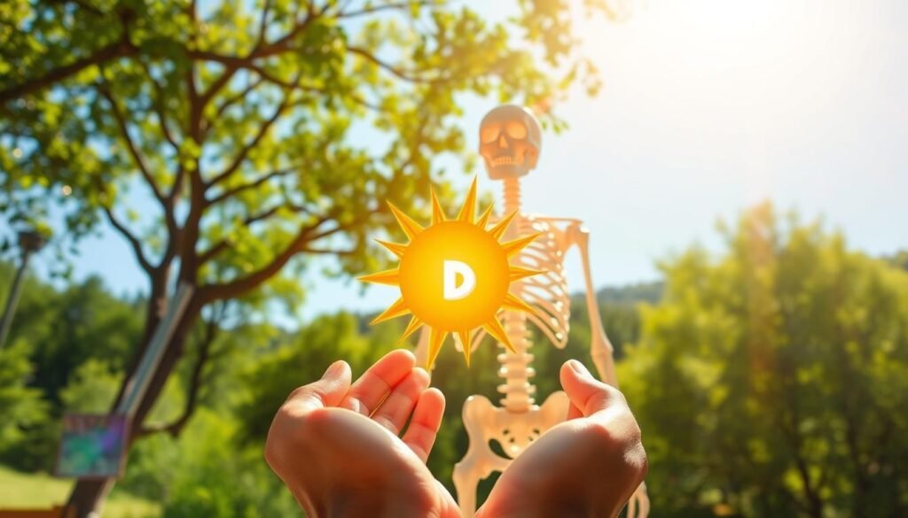 A vibrant, sun-drenched scene depicting the importance of vitamin D for bone health. In the foreground, a pair of hands gently hold a glowing, sun-shaped vitamin D supplement, its rays emanating a warm, golden light. The middle ground showcases a skeletal structure, its bones strong and sturdy, representing the vital role vitamin D plays in maintaining robust, healthy bones. In the background, a lush, verdant landscape with towering, leafy trees and a clear, blue sky evokes a sense of natural vitality and well-being. The overall composition conveys the harmonious relationship between vitamin D, bone health, and the rejuvenating power of nature.