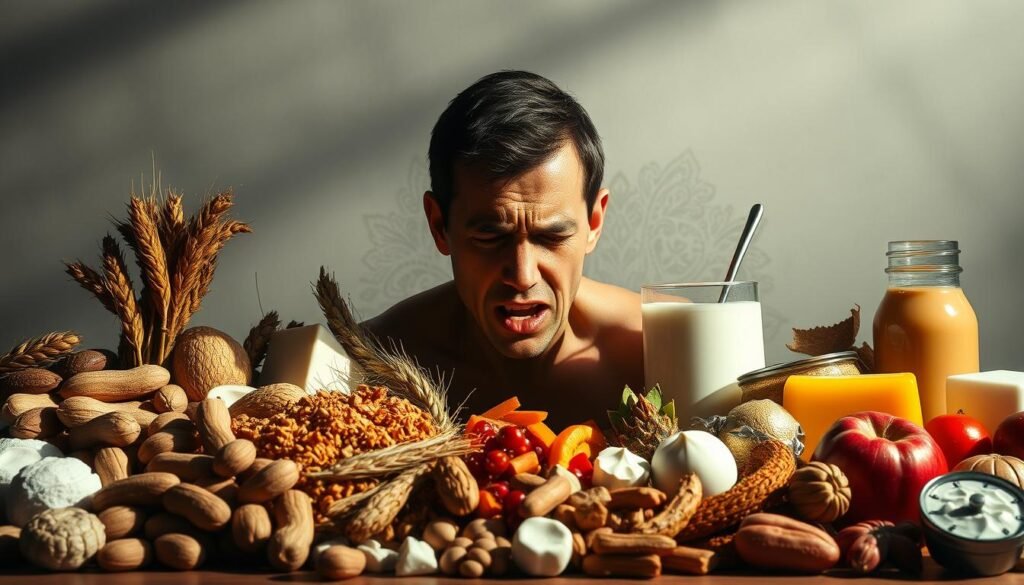 A vibrant tableau depicting the essence of food allergies. In the foreground, a diverse array of common allergens - peanuts, wheat, dairy, and more - arranged in a visually striking manner, casting dramatic shadows. The middle ground showcases a human figure, their face contorted in a pained expression, symbolizing the bodily response to these triggers. In the background, a hazy, muted palette suggests the pervasive nature of food allergies, with subtle patterns and textures evoking the complexities of the condition. Dramatic side lighting accentuates the contrasts, creating a sense of tension and unease. The overall composition conveys the gravity and impact of food allergies in a visually compelling way. A vibrant tableau depicting the essence of food allergies. In the foreground, a diverse array of common allergens - peanuts, wheat, dairy, and more - arranged in a visually striking manner, casting dramatic shadows. The middle ground showcases a human figure, their face contorted in a pained expression, symbolizing the bodily response to these triggers. In the background, a hazy, muted palette suggests the pervasive nature of food allergies, with subtle patterns and textures evoking the complexities of the condition. Dramatic side lighting accentuates the contrasts, creating a sense of tension and unease. The overall composition conveys the gravity and impact of food allergies in a visually compelling way.