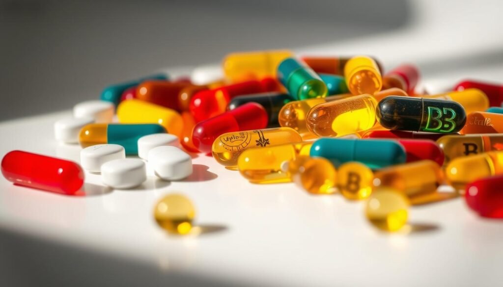 A well-lit close-up shot of an assortment of vitamin B complex capsules and tablets, arranged neatly on a clean, reflective surface. The capsules and tablets should have a range of colors, including yellow, red, and blue, to represent the different B vitamins. The lighting should be soft and diffused, creating a warm, natural atmosphere. The angle should be slightly elevated, giving a sense of depth and emphasizing the textures and details of the supplements. The background should be simple and uncluttered, allowing the subject to be the focal point of the image.