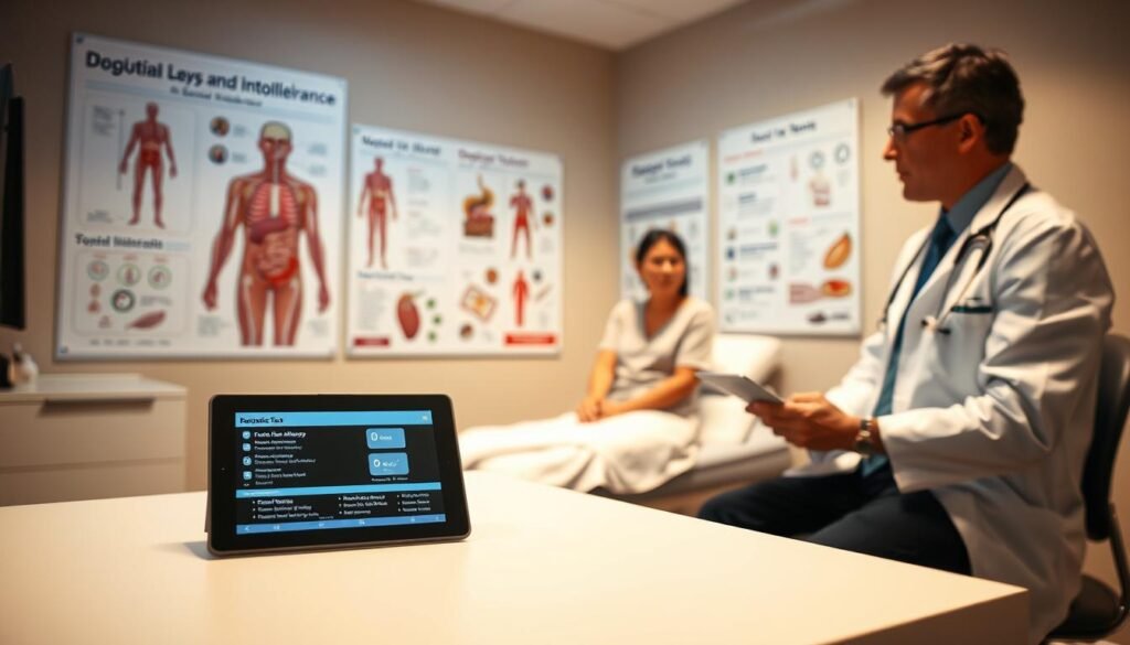 A well-lit medical examination room, with a doctor's desk in the foreground. On the desk, a tablet displaying diagnostic test results and information about food allergies and intolerances. In the middle ground, a patient sitting on an examination table, looking thoughtful as the doctor reviews the test findings. The background features anatomical diagrams and charts related to digestion and nutrition. The lighting is warm and professional, creating a calm, authoritative atmosphere befitting a medical setting.