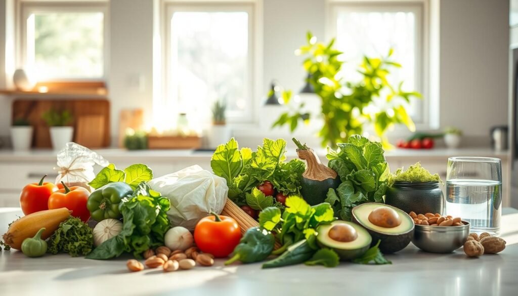 A wide, well-lit kitchen countertop displaying an assortment of low-carb foods - fresh vegetables, leafy greens, avocados, nuts, and a glass of water. Sunlight streams in through large windows, creating a warm, inviting atmosphere. In the background, a lush, green plant complements the natural tones. The composition conveys the benefits of a low-carb diet, emphasizing its nutritious and health-promoting aspects. The lighting is soft and diffused, highlighting the vibrant colors and textures of the ingredients. The overall scene exudes a sense of balance, wellness, and the positive impact of a low-carb lifestyle.
