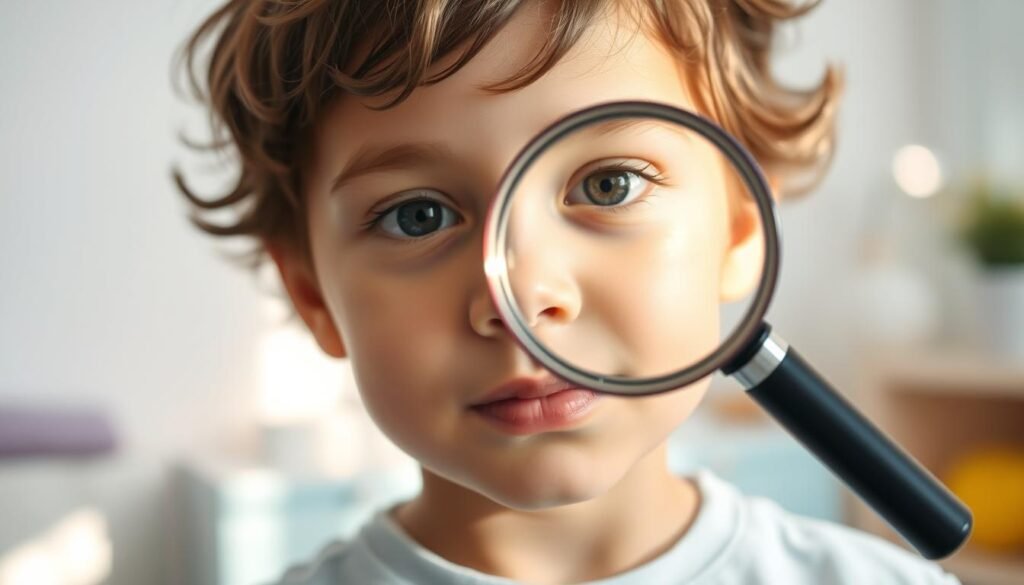 A young child's face, bathed in soft, natural light, with a gentle, curious expression. In the middle ground, a magnifying glass hovers, casting a warm glow and inviting the viewer to explore the details. In the background, a clean, minimalist medical setting, with hints of soothing colors and calming shapes, conveying a sense of care and professionalism. The overall mood is one of early detection, empathy, and a child-centric approach to diagnosing allergies, reflecting the importance of the early diagnosis. A young child's face, bathed in soft, natural light, with a gentle, curious expression. In the middle ground, a magnifying glass hovers, casting a warm glow and inviting the viewer to explore the details. In the background, a clean, minimalist medical setting, with hints of soothing colors and calming shapes, conveying a sense of care and professionalism. The overall mood is one of early detection, empathy, and a child-centric approach to diagnosing allergies, reflecting the importance of the early diagnosis.