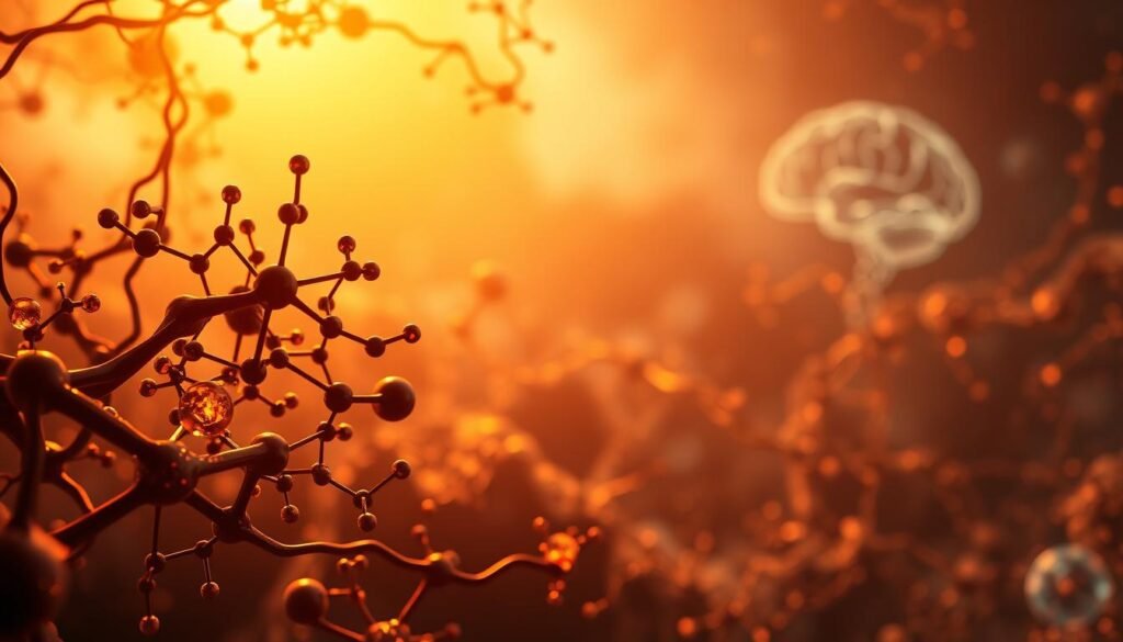 An expansive view of the cellular metabolic landscape, bathed in a warm, incandescent light. In the foreground, the intricate structure of the B-complex vitamins stands out, their molecular forms intertwined with the delicate machinery of mitochondria. In the middle ground, a network of cellular pathways pulses with energy, chemical reactions unfolding in a choreographed dance. The background fades into a hazy, dreamlike representation of the brain, suggesting the far-reaching impact of this essential metabolic process on cognitive function and overall wellbeing. Rendered with a sense of depth, detail, and scientific precision, capturing the vital role of the B-complex in powering the cellular engine.