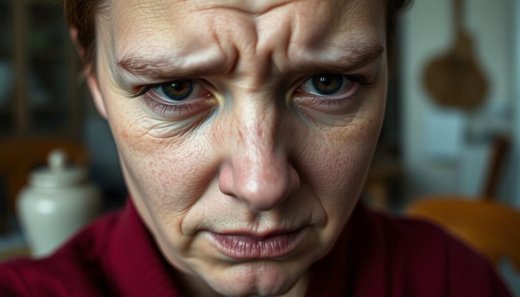 An intimate close-up of a person's face, their expression conveying a mixture of discomfort and uncertainty. The skin appears slightly flushed, and the eyes have a hint of worry. The background is blurred, but there are indistinct shapes and textures that suggest a domestic setting, perhaps a kitchen or dining area. The lighting is soft and natural, creating a sense of vulnerability and introspection. The overall mood is one of personal struggle and the internal experience of food intolerance. An intimate close-up of a person's face, their expression conveying a mixture of discomfort and uncertainty. The skin appears slightly flushed, and the eyes have a hint of worry. The background is blurred, but there are indistinct shapes and textures that suggest a domestic setting, perhaps a kitchen or dining area. The lighting is soft and natural, creating a sense of vulnerability and introspection. The overall mood is one of personal struggle and the internal experience of food intolerance.