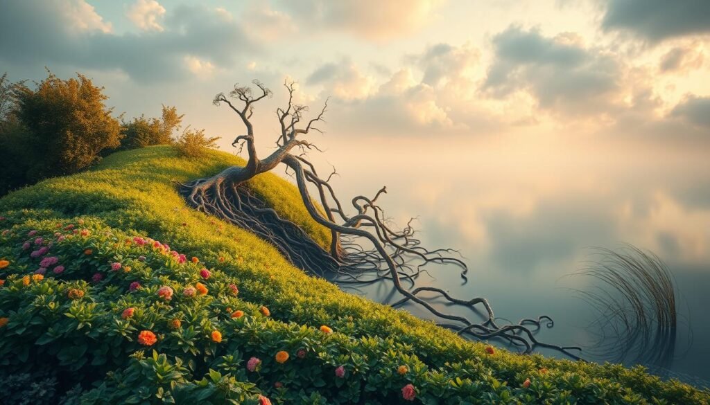 Connection between Dysbiosis and Mental Health A serene, flowing landscape representing the intricate link between gut microbiome imbalance and its profound impact on mental wellbeing. In the foreground, a vibrant, bountiful garden symbolizes a healthy, balanced gut microbiome, its lush greenery and blooming flowers casting a warm, comforting glow. Transitioning into the middle ground, twisted, tangled roots emerge, symbolizing the disruption of the gut-brain axis during dysbiosis. In the background, a tranquil, reflective pond mirrors an ethereal, clouded sky, evoking the complex, intertwined relationship between gut health and mental state. Soft, diffused lighting casts a contemplative, introspective atmosphere, urging the viewer to consider the delicate, yet powerful connection between the gut and the mind. Connection between Dysbiosis and Mental Health A serene, flowing landscape representing the intricate link between gut microbiome imbalance and its profound impact on mental wellbeing. In the foreground, a vibrant, bountiful garden symbolizes a healthy, balanced gut microbiome, its lush greenery and blooming flowers casting a warm, comforting glow. Transitioning into the middle ground, twisted, tangled roots emerge, symbolizing the disruption of the gut-brain axis during dysbiosis. In the background, a tranquil, reflective pond mirrors an ethereal, clouded sky, evoking the complex, intertwined relationship between gut health and mental state. Soft, diffused lighting casts a contemplative, introspective atmosphere, urging the viewer to consider the delicate, yet powerful connection between the gut and the mind.