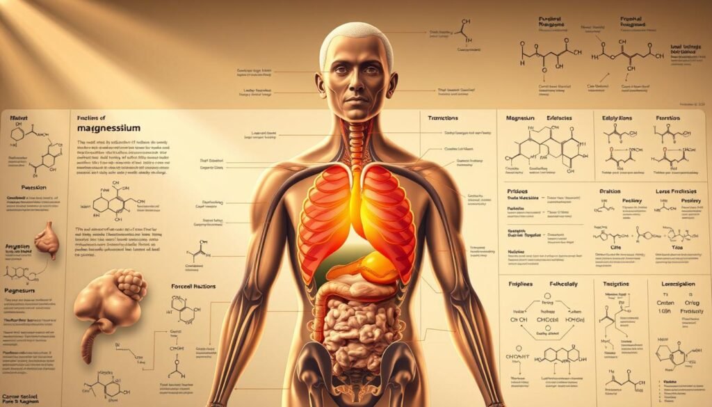 Detailed anatomy illustration of the functions of magnesium in the human body. Realistic, high-detail, scientific diagram style. Foreground shows human organ systems with magnesium highlighted, middle ground depicts chemical processes and metabolic pathways, background has molecular diagrams and chemical structures. Warm, earthy color palette. Soft, directional lighting from the top left, creating depth and shadows. Composition is balanced and symmetrical, with elements arranged to guide the eye. Overall tone is informative and educational, conveying the essential role of magnesium in the body.