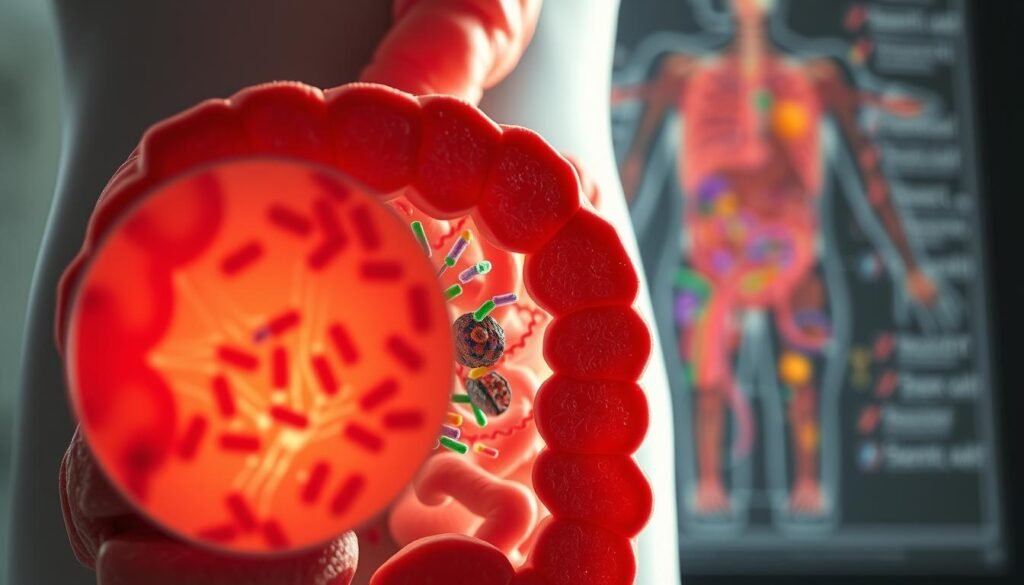 Diagnostic of Dysbiosis: A detailed cross-section of the human gut, illuminated by soft, natural lighting. In the foreground, a magnified view of the gut lining, showcasing the delicate balance of beneficial and pathogenic microbes. The middle ground depicts the complex interplay of the gut microbiome, with vibrant colors and textures representing the diverse microbial communities. In the background, a subtly blurred anatomical diagram provides context, highlighting the gut's vital role in overall health. The composition conveys a sense of scientific introspection, inviting the viewer to explore the intricacies of this crucial physiological system. Diagnostic of Dysbiosis: A detailed cross-section of the human gut, illuminated by soft, natural lighting. In the foreground, a magnified view of the gut lining, showcasing the delicate balance of beneficial and pathogenic microbes. The middle ground depicts the complex interplay of the gut microbiome, with vibrant colors and textures representing the diverse microbial communities. In the background, a subtly blurred anatomical diagram provides context, highlighting the gut's vital role in overall health. The composition conveys a sense of scientific introspection, inviting the viewer to explore the intricacies of this crucial physiological system.