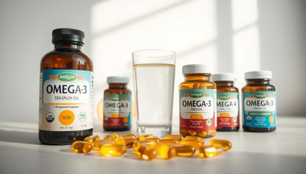 High-quality photograph of omega-3 supplements in a clean, modern setting. In the foreground, place softgel capsules and fish oil bottles with clear labeling. The middle ground should feature a glass of water or juice, complementing the supplements. In the background, have a plain, minimalist backdrop, such as a white or light gray wall, to emphasize the focus on the products. Lighting should be natural and soft, creating a warm, inviting atmosphere. Capture the scene from a slightly elevated angle to create a sense of depth and emphasize the key elements. The overall mood should convey health, wellness, and the benefits of omega-3 supplementation.