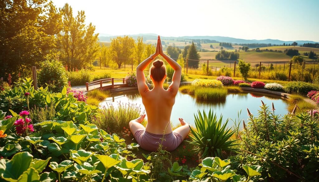 Vibrant landscape of a lush, verdant garden filled with a variety of thriving plants and vegetables. In the foreground, a person engaged in gentle yoga poses, bathed in warm, soft lighting that creates a serene, relaxing atmosphere. The middle ground features a picturesque pond with crystal-clear water and a small wooden bridge, surrounded by a variety of flowering plants and herbs. In the background, a peaceful countryside setting with rolling hills and a clear, azure sky. The overall scene conveys a sense of harmony, balance, and a healthy, sustainable lifestyle. Vibrant landscape of a lush, verdant garden filled with a variety of thriving plants and vegetables. In the foreground, a person engaged in gentle yoga poses, bathed in warm, soft lighting that creates a serene, relaxing atmosphere. The middle ground features a picturesque pond with crystal-clear water and a small wooden bridge, surrounded by a variety of flowering plants and herbs. In the background, a peaceful countryside setting with rolling hills and a clear, azure sky. The overall scene conveys a sense of harmony, balance, and a healthy, sustainable lifestyle.